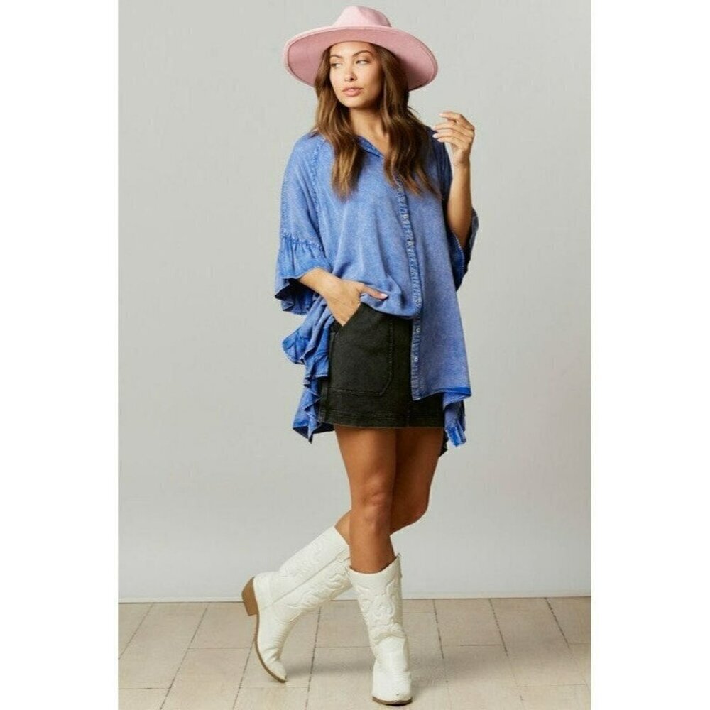 Time Flies Acid Washed Ruffled Shirt in Royal Blue - Picture 3 of 8